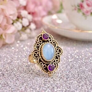 Chalcedony Filigree Amethyst Sterling Silver Boho Ring Size 7.5 Vintage Style